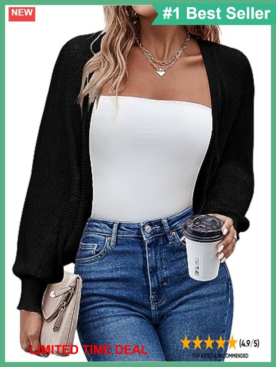 Sweaters - Women's Long Batwing Sleeve Knit Cropped Bolero Shrug Open Front Cardigan